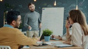 B2B sales team collaborating around a whiteboard to plan an account-based marketing strategy, by IDEAIFY Solutions