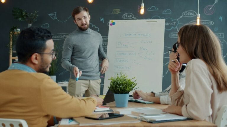 B2B sales team collaborating around a whiteboard to plan an account-based marketing strategy, by IDEAIFY Solutions