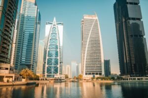 Modern Gulf business skyline, representing B2B outsourcing outreach into the UAE and Saudi Arabia, by IDEAIFY Solutions