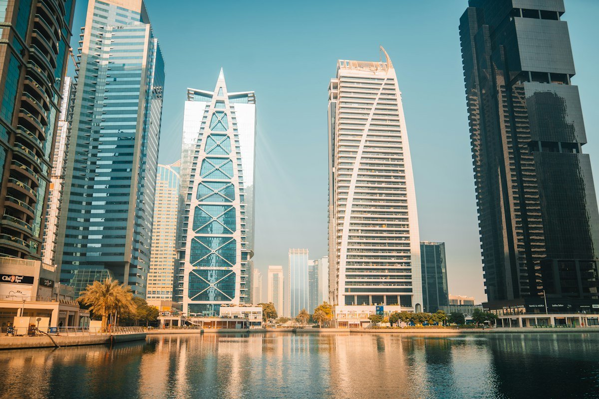 Modern Gulf business skyline, representing B2B outsourcing outreach into the UAE and Saudi Arabia, by IDEAIFY Solutions